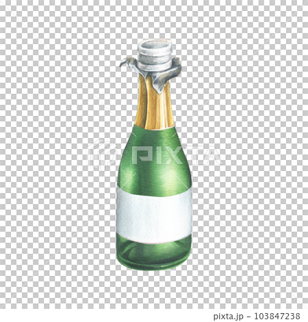 An open green bottle with champagne, a golden wrapper and an empty white label. Watercolor illustration, hand drawn. Isolated object on a white background. 103847238