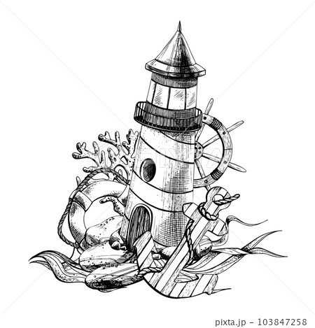 Marine lighthouse with anchor, lifebuoy, ship's wheel, corals, algae. Graphic illustration, hand drawn black and white. EPS vector. Isolated composition on a white background. Marine lighthouse with anchor, lifebuoy, ship's wheel, corals, algae. Graphic illustration, hand drawn black and white. EPS vector. Isolated composition on a white background. 103847258