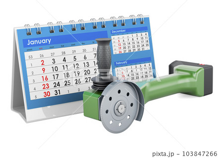 Angle grinder with desk calendar. 3D rendering 103847266