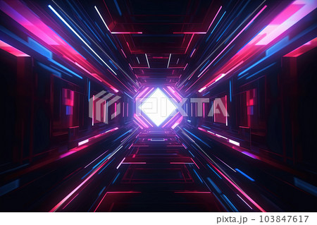 Abstract geometric background center perspective with colorful led neon lines. Light music show scene, glowing futuristic shapes on dark background. Generative AI 103847617