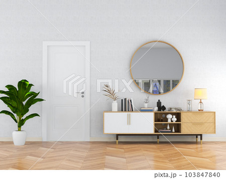 living room interior with wooden sideboard and round hanging mirror. 3D rendering living room interior with wooden sideboard and round hanging mirror. 3D rendering 103847840