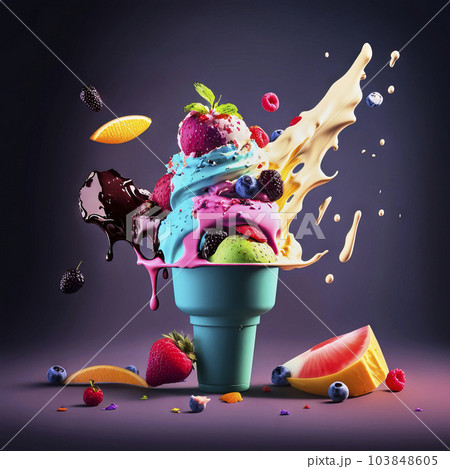 Representation of a fruit ice cream with strawberries, blackberries and oranges in a blue cup, artificial splashes of the ice cream around the cup, made with generative ai Representation of a fruit ice cream with strawberries, blackberries and oranges in a blue cup, artificial splashes of the ice cream around the cup, made with generative ai 103848605