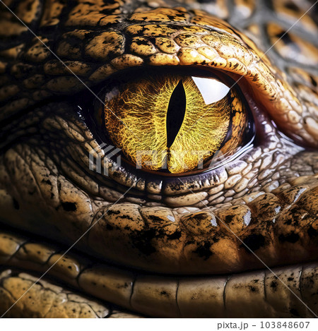 Close up of the yellow eye of a scaly reptile, made with generative ai Close up of the yellow eye of a scaly reptile, made with generative ai 103848607
