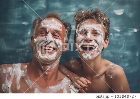 Dad and son with shaving foam on their faces have fun spending time together. Ai Dad and son with shaving foam on their faces have fun spending time together. Ai 103848727