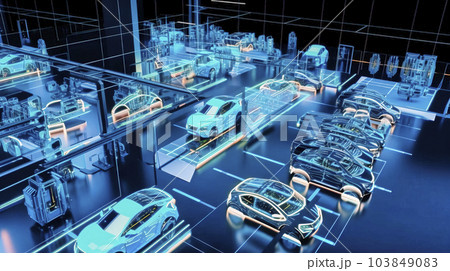 Illustration of the production of electric automobiles in a futuristic production hall with blue lighting, made with generative ai 103849083