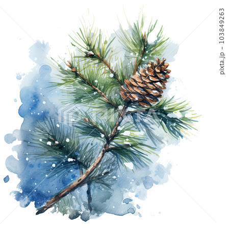 Snowy winter watercolor christmas pine branch Illustration AI Generative 103849263