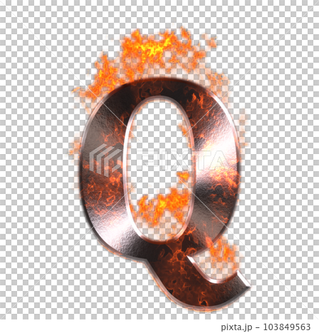 透明背景上帶有火焰的金屬字母。字母 Q。 103849563