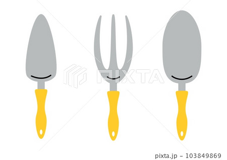 Garden tools. Farming work instruments. Gardening equipment. Small shovel and scoop. Agricultural metal spade and rake. Plants cultivating. Isolated simple pitchfork. farming flat elements set Garden tools. Farming work instruments. Gardening equipment. Small shovel and scoop. Agricultural metal spade and rake. Plants cultivating. Isolated simple pitchfork. farming flat elements set 103849869