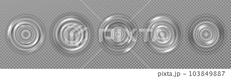 Water waves. Ripple surface. Top view of rain drop motion. Sound impact. Realistic aqua concentric circles. Round textures set. Liquid gel or raindrop splash effect. Vector exact pattern background Water waves. Ripple surface. Top view of rain drop motion. Sound impact. Realistic aqua concentric circles. Round textures set. Liquid gel or raindrop splash effect. Vector exact pattern background 103849887