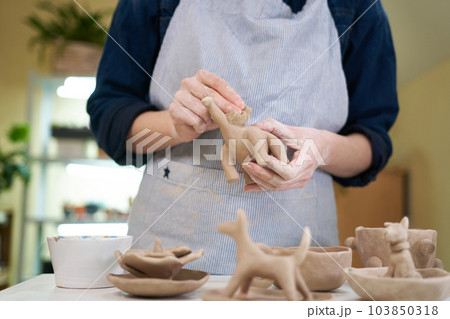 woman sculpts a figurine of a dsnosaur from clay by hands, closeup in artistic studio woman sculpts a figurine of a dsnosaur from clay by hands, closeup in artistic studio 103850318