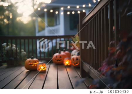 Halloween decoration in house porch and backyard 103850459