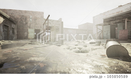 deserted factory territory with ruined constructions and heaps of waste lying deserted factory territory with ruined constructions and heaps of waste lying 103850589