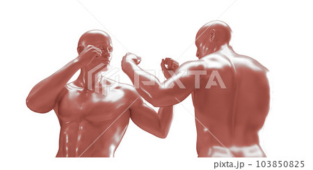 3d render of two boxing shirtless men isolated on white background. Red mannequins. 3d render of two boxing shirtless men isolated on white background. Red mannequins. 103850825