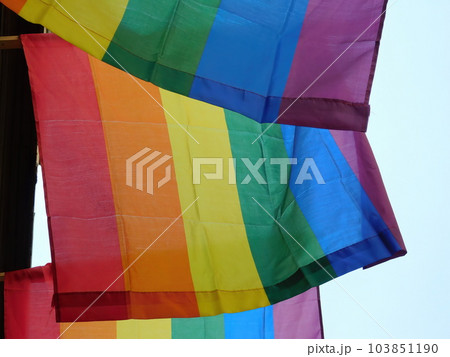 Pride rainbow lgbt gay flag being waved on sky background 103851190