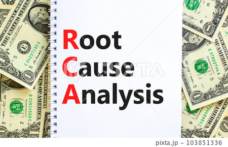 RCA root cause analysis symbol. Concept words RCA root cause analysis on white note. Dollar bills. Beautiful background from dollar bills. Business and RCA root cause analysis concept. Copy space. 103851336