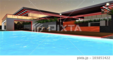 A luminous surface of the pool in front of the wooden terrace of an exclusive hotel, under the night sky filled with stars. 3D rendering. 103851422