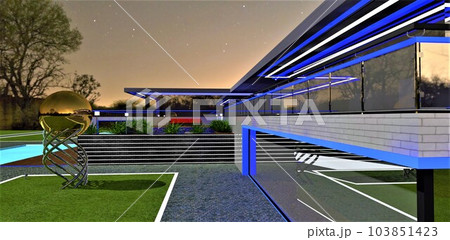 A luxurious modern villa with blue illumination on the facade elements at night. An excellent illustration for a real estate advertising banner. 3D rendering. A luxurious modern villa with blue illumination on the facade elements at night. An excellent illustration for a real estate advertising banner. 3D rendering. 103851423