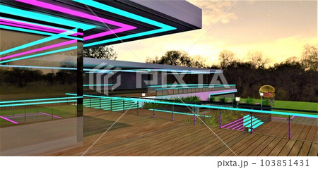 Terrace with a wooden deck covered with glass panels and metal railings. Stunning contemporary house with nighttime illumination. 3D rendering. 103851431