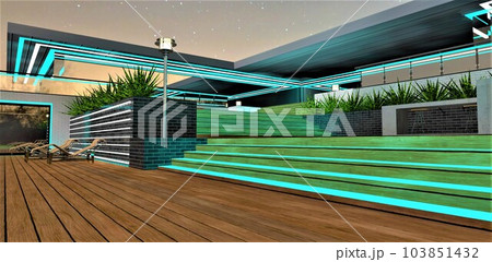 The gentle turquoise light of the nighttime illumination falls on the wooden steps of the exclusive terrace of an elegant country estate. 3D rendering. The gentle turquoise light of the nighttime illumination falls on the wooden steps of the exclusive terrace of an elegant country estate. 3D rendering. 103851432