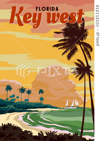 Retro Poster Key West Florida Beach. Palm on the beach, sailboat, coast, surf, ocean 103851938