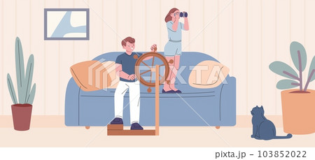 Marine adventures children game at home. Girl looking through binocular, boy at the helm and cute cat playing in living room, vector scene Marine adventures children game at home. Girl looking through binocular, boy at the helm and cute cat playing in living room, vector scene 103852022