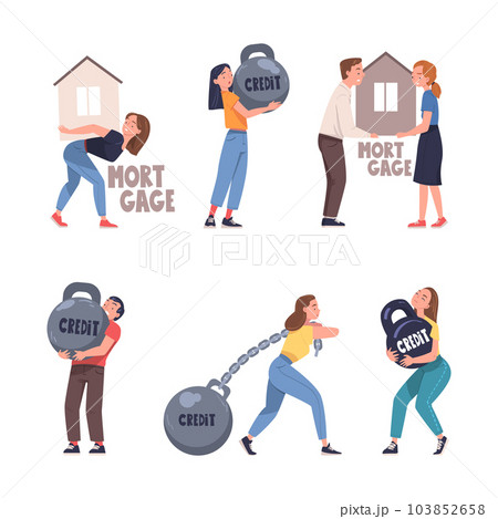 Severity of Mortgage with People Carrying and Pulling Heavy Burden of Credit Vector Set Severity of Mortgage with People Carrying and Pulling Heavy Burden of Credit Vector Set 103852658