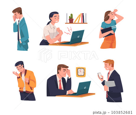 Young Busy Man and Woman Character in Stress Feeling Tired and Exhausted Sitting at Laptop Vector Illustration Set 103852681