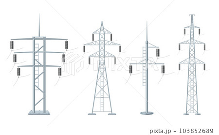 Electricity poles. Power high voltage constructions from metal decent vector realistic templates 103852689