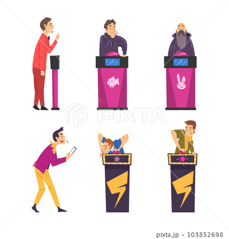 TV Quiz Show with Clever Man Character Answering Questions Vector Set TV Quiz Show with Clever Man Character Answering Questions Vector Set 103852698