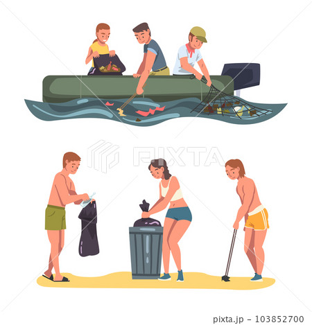 People Character Collecting Trash and Gathering Garbage from Beach Vector Set 103852700