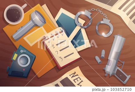 Detective workplace. Police officer equipment and spy tools exact vector cartoon conceptual background Detective workplace. Police officer equipment and spy tools exact vector cartoon conceptual background 103852710