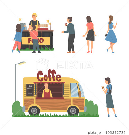 Young Man and Woman Buying Street Food in Truck Vector Illustration Set Young Man and Woman Buying Street Food in Truck Vector Illustration Set 103852723