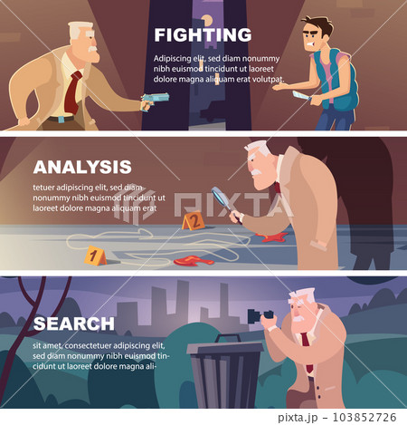Detective agency. print banners with working detective analysis searching and fights with bandits. vector template 103852726