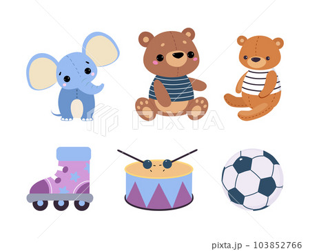 Colorful Kids Toy with Elephant, Teddy Bear, Roller Skate, Drum and Ball Vector Illustration Set 103852766