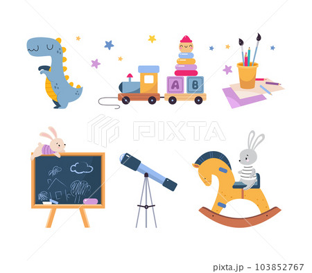 Colorful Kids Toy with Train, Dinosaur, Telescope, Rocking Horse and Chalkboard Vector Illustration Set 103852767
