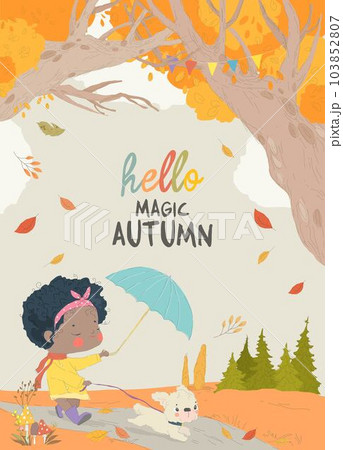 Cute Cartoon Girl walking with Dog in Autumn Forest 103852807