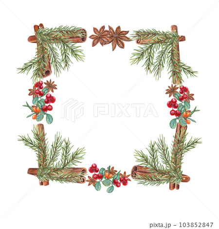 Watercolor frame of Christmas tree branch, cinnamons, star anise, sea buckthorn, cranberries isolated on white. Xmas, New Year illustration of orange, red berries, brown spices for greetings, cards 103852847