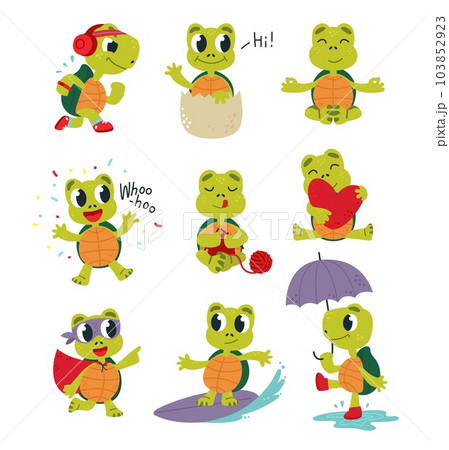 Cartoon turtles, walking comic turtle. Happy funny tortoise various poses. Cute sea animal rest and jogging, hobby and love classy vector characters Cartoon turtles, walking comic turtle. Happy funny tortoise various poses. Cute sea animal rest and jogging, hobby and love classy vector characters 103852923