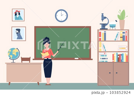 Teacher in classroom. Flat school or university class and young female professor at chalkboard. Education courses, lecturer or teaching recent vector scene Teacher in classroom. Flat school or university class and young female professor at chalkboard. Education courses, lecturer or teaching recent vector scene 103852924