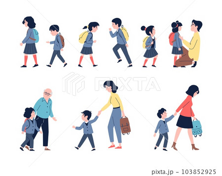Students back to school characters. Little pupil with backpack and mother. Kindergarten or primary class, autumn study recent vector children Students back to school characters. Little pupil with backpack and mother. Kindergarten or primary class, autumn study recent vector children 103852925