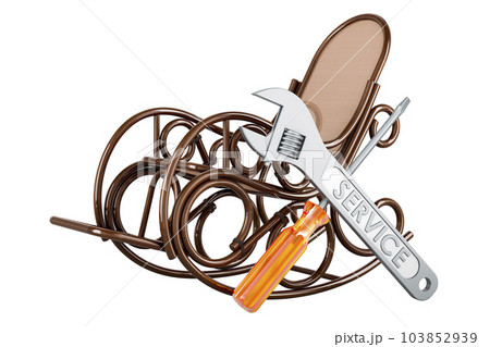 Rocking chair with screwdriver and wrench, 3D rendering Rocking chair with screwdriver and wrench, 3D rendering 103852939