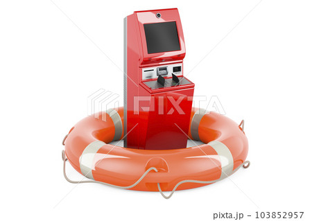 Financial services kiosk with lifebuoy, 3D rendering 103852957