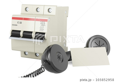 Circuit breaker with blank business card and retro phone receiver. 3D rendering 103852958