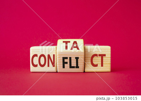 Contact and Conflict symbol. Wooden cubes with words Contact and Conflict. Beautiful red background. Contact and Conflict and business concept. Copy space 103853015
