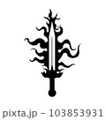 Y2k minimalist tattoo of sword. Flame 00s, 90s style collection fire trendy abstract aesthetic vector illustration design prints and emo graphic design elements. EPS 103853931