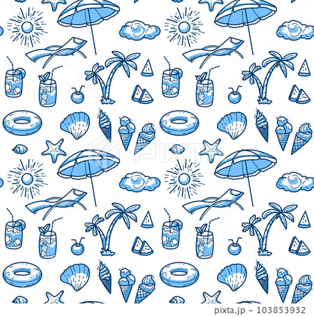 A pattern of hand-drawn doodle symbols of vacation, travel doodle. Tourist and summer sketch. Blue-white linear vector. A pattern of hand-drawn doodle symbols of vacation, travel doodle. Tourist and summer sketch. Blue-white linear vector. 103853932