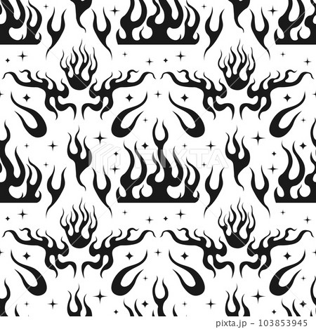 Flame Y2K Seamless fire pattern Psychedelic vector black background Retro Style. Funky summer abstract modern aesthetic print. Wall frame poster, banner or Social Media template. EPS Flame Y2K Seamless fire pattern Psychedelic vector black background Retro Style. Funky summer abstract modern aesthetic print. Wall frame poster, banner or Social Media template. EPS 103853945
