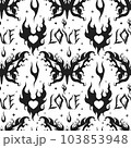 Flame Y2K Seamless fire pattern heart, buterfly Psychedelic vector black background Retro Style. Funky summer abstract modern aesthetic print. Wall frame poster, banner or Social Media template. EPS 103853948