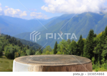 Slab Podium with a view of the mountains. The front showcase with a stage for products. A pedestal for the presentation of goods. 103854868