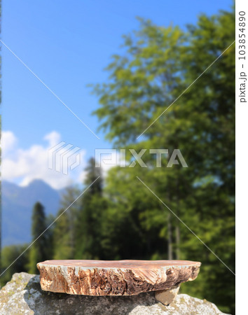 Slab Podium with a view of the mountains. The front showcase with a stage for products. A pedestal for the presentation of goods. 103854890